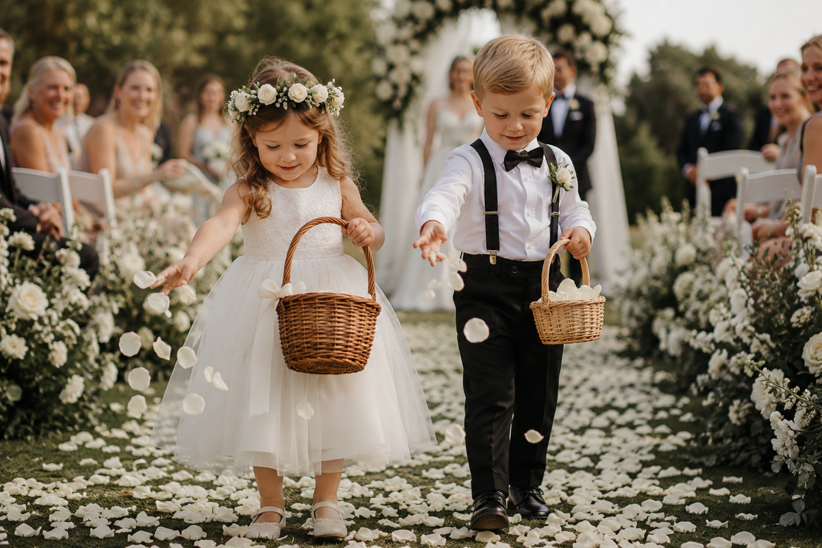 Flower boy and girl scattering flowers at a wedding 