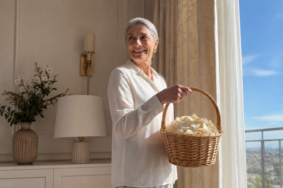 Wedding planner holding a basket of flowers