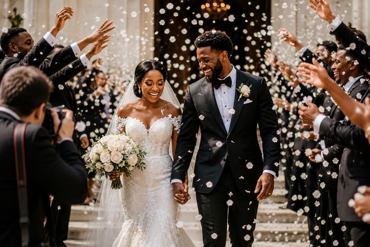 Bride and groom during a confetti tunnel exit. White petal confetti. 