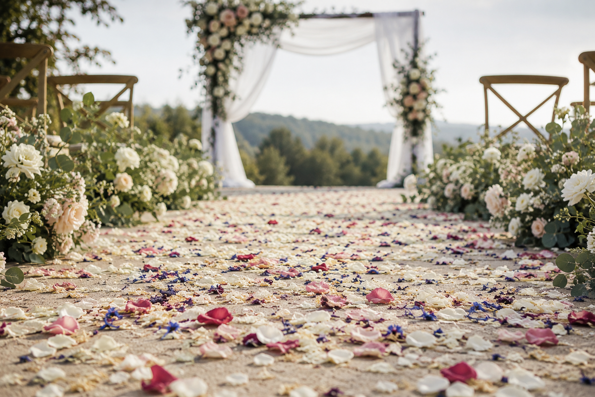 Confetti scattering down the aisle of a wedding