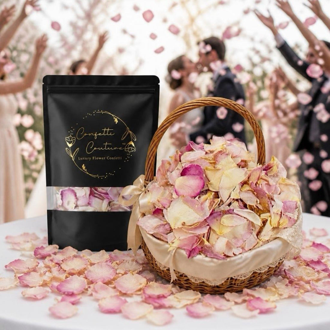 Blush pink freeze-dried rose petal confetti arranged for a romantic wedding celebration