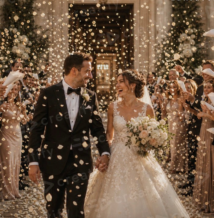 Newlywed couple walking through a joyful shower of flower petals with guests lining the ceremony exit