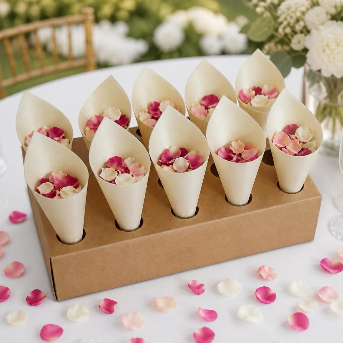 White confetti cones filled with pink and white dried flower petals arranged in a holder for wedding guests