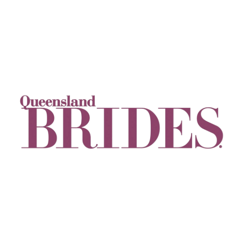 The text 'Queensland BRIDES.' appears in a dusty mauve-purple serif typeface on a solid white background.