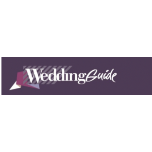 A rectangular purple banner with the words 'Wedding Guide' in white script and a small folded-paper style logo, shown on a white background.