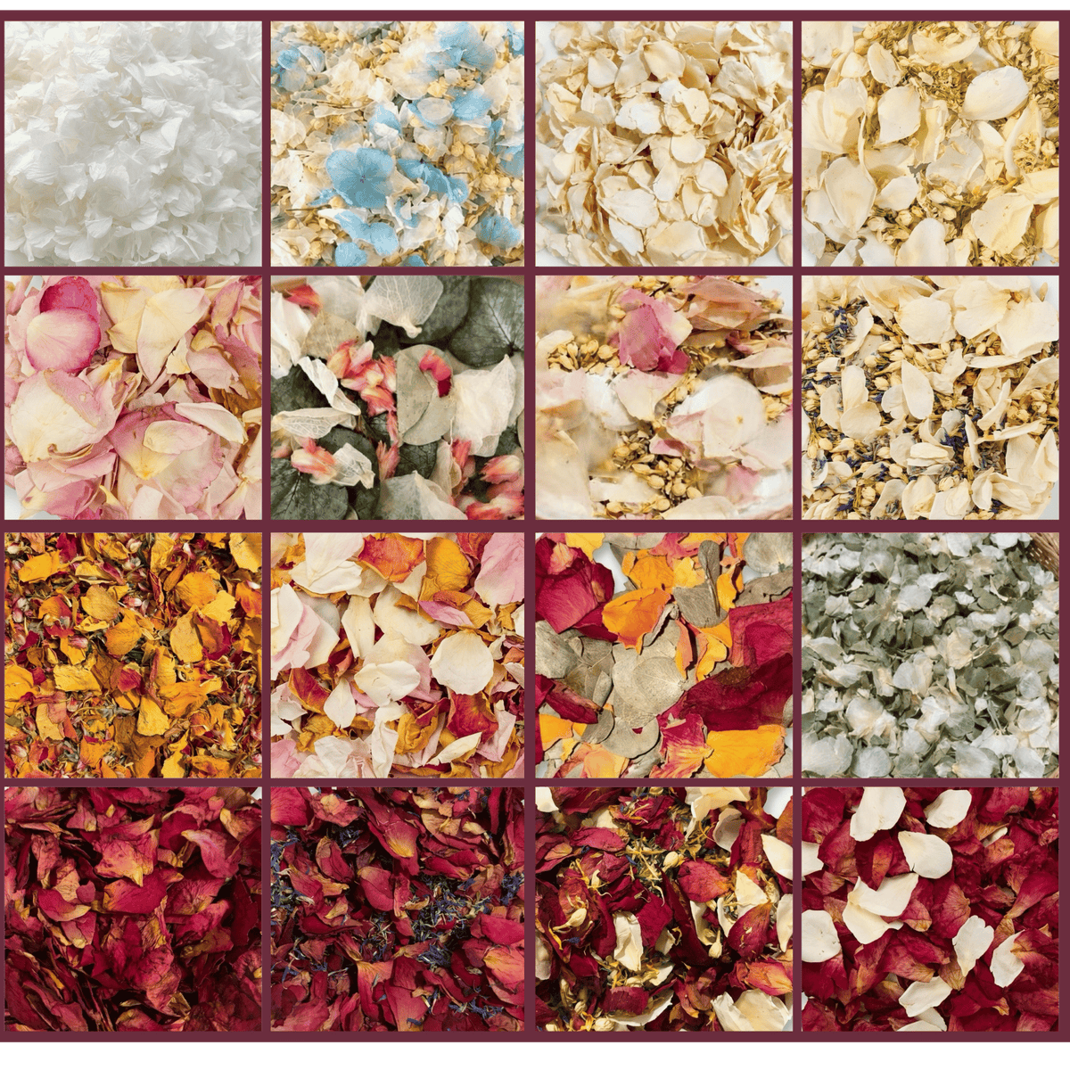 A 4x4 grid showing 16 different decorative flower petals and confetti mixes in various colors, including white, blue, pink, yellow, red, and green, each square panel framed by a dark burgundy border.