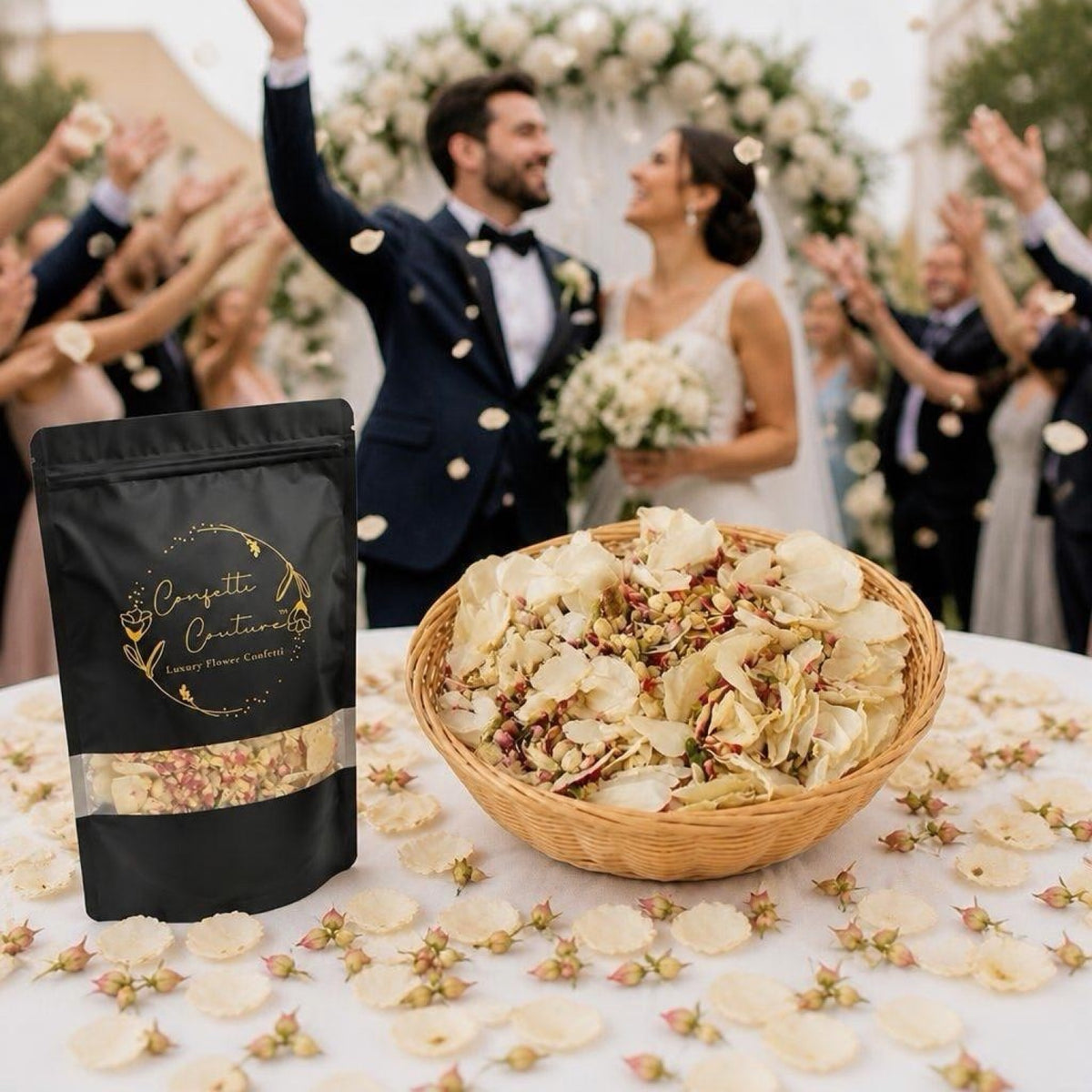 Soft pink and ivory wedding petals presented in an elegant confetti display