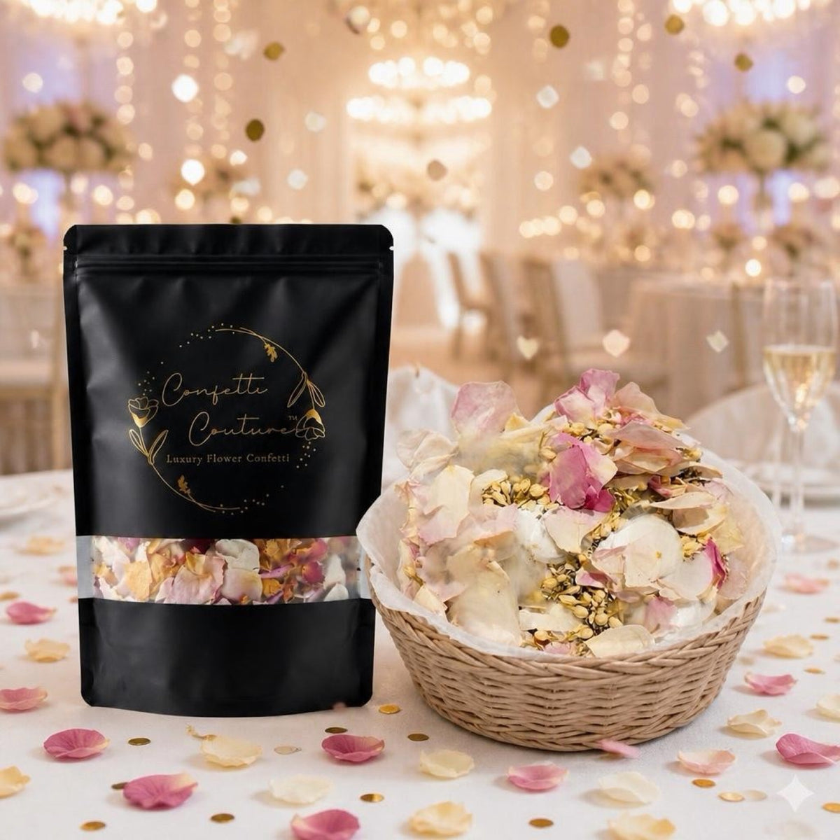 Pastel rose petals and lavender-inspired botanicals styled for a romantic wedding