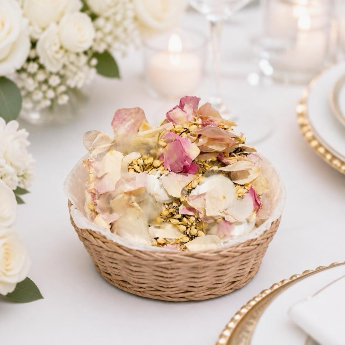 Romantic wedding confetti moment with guests celebrating a newly married couple