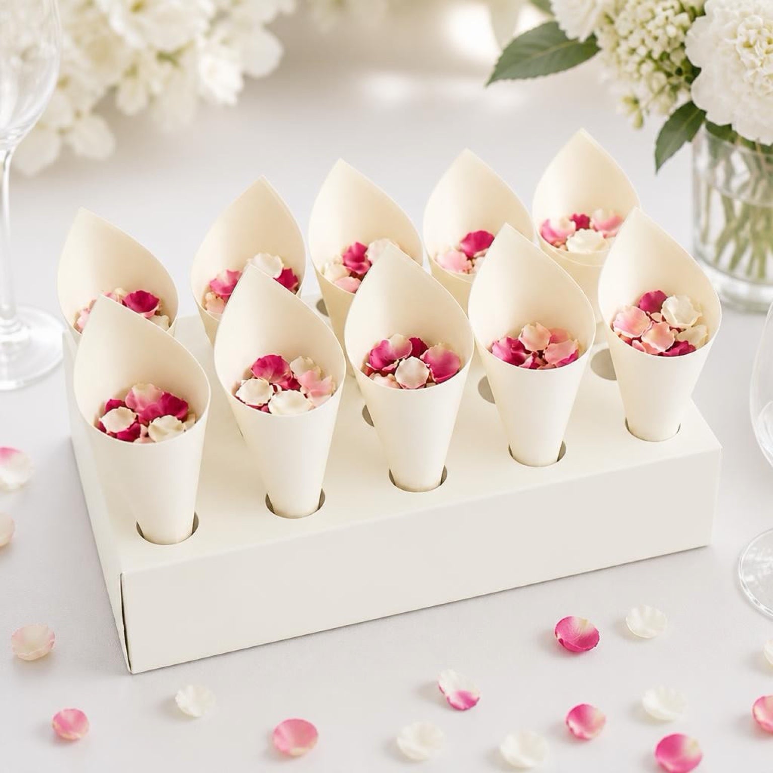 White paper cones filled with pink and white flower petals on a light surface.