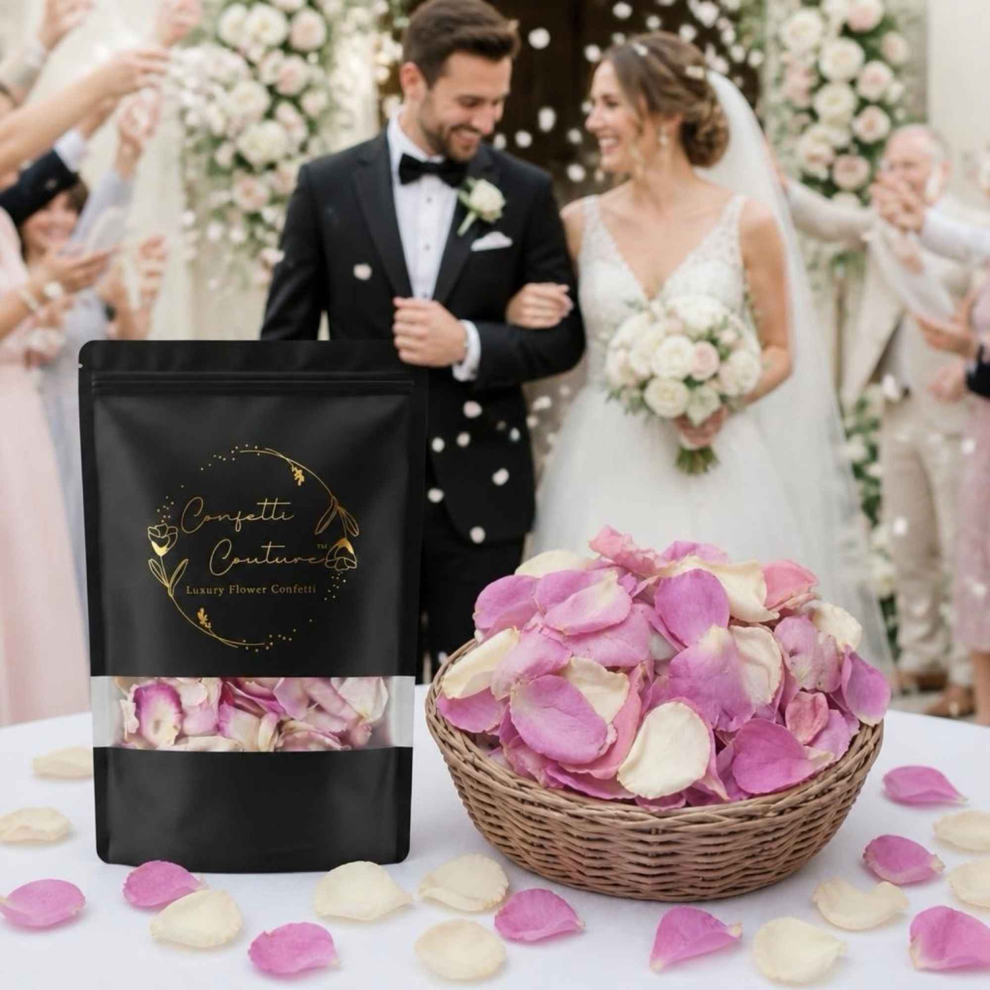 Wedding scene with a couple and a bag of Confetti Couture flower petals.