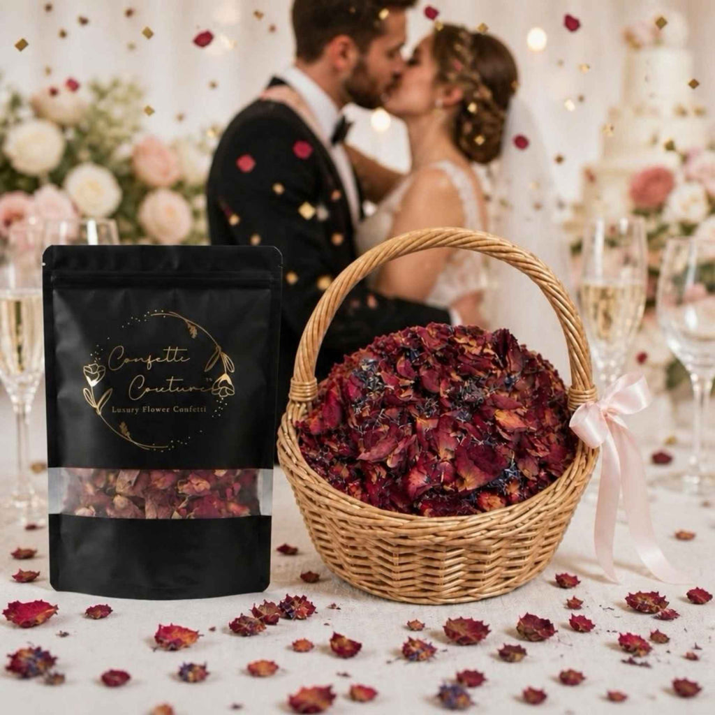 Dried flower bouquet in a basket with a branded package on a romantic setting background.