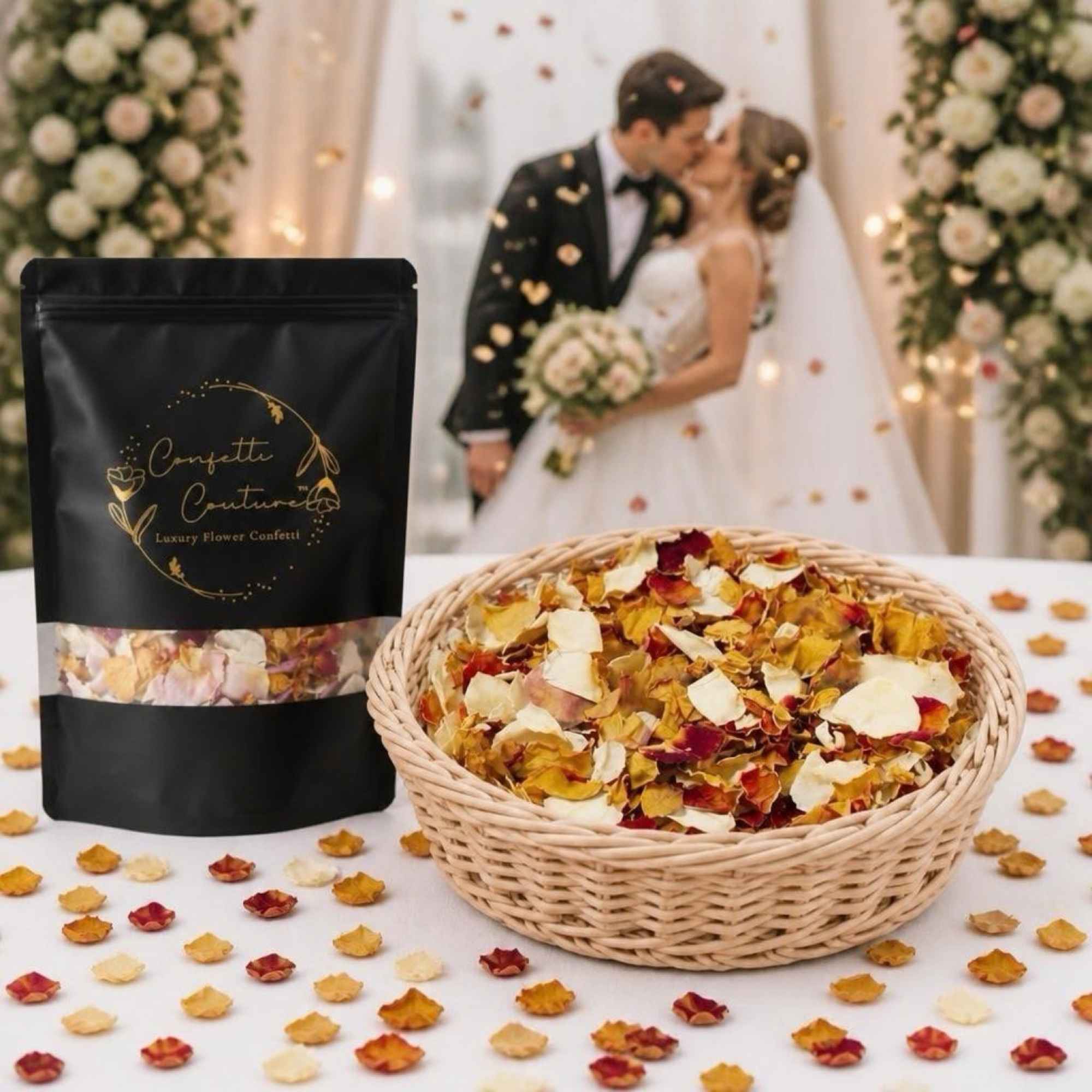 Basket of flower petals with a bag labeled 'Couture Creations' in front of a wedding couple.