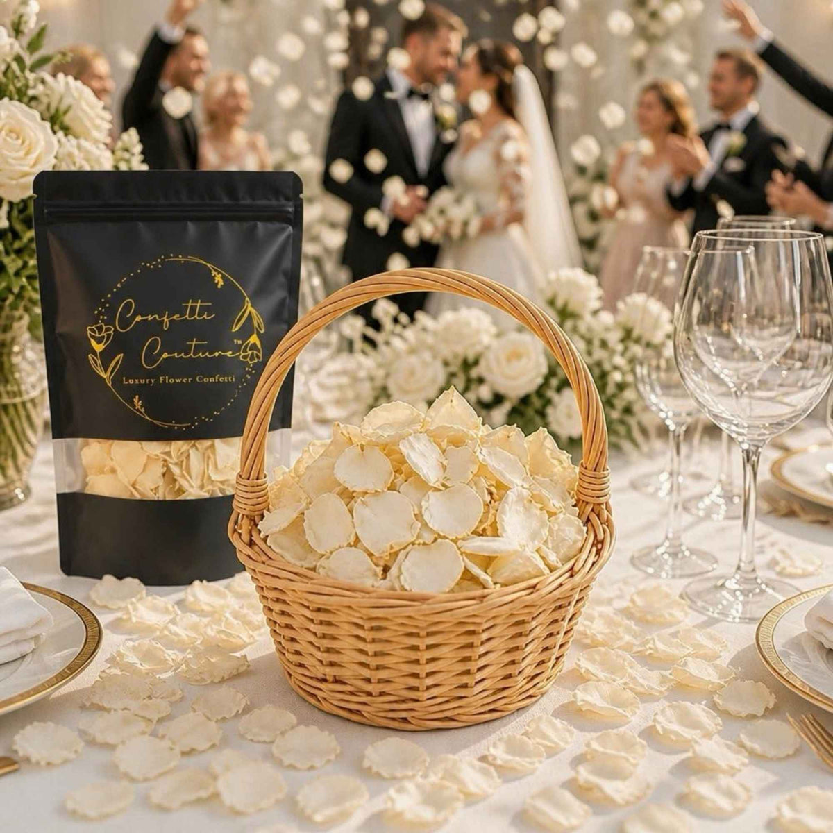 Wicker basket and Confetti Couture bag styled on a wedding table, ready for guests to take loose flower petals