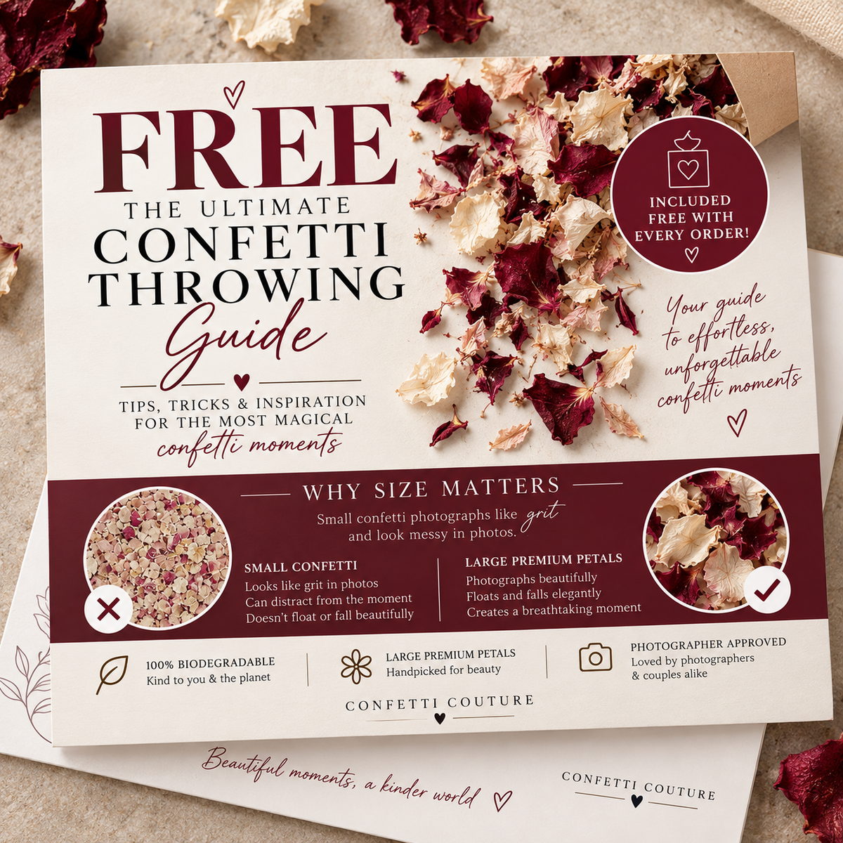 A printed guide titled "FREE The Ultimate Confetti Throwing Guide" from Confetti Couture, laid on top of a kraft paper bag with loose dried flowers and confetti around it. The card includes sections about size matters, benefits, and included free items, photographed in a styled flat-lay.